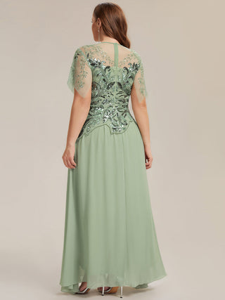 Short Sleeve Ruffle Sequin Round Neck A-Line Floor Length Evening Dresses
