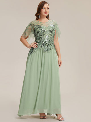 Short Sleeve Ruffle Sequin Round Neck A-Line Floor Length Evening Dresses