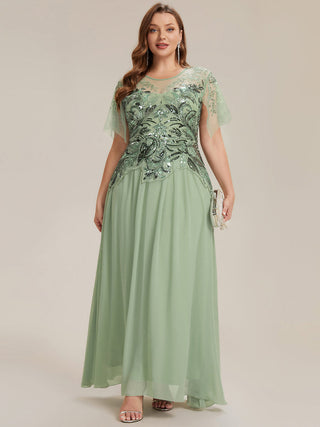 Short Sleeve Ruffle Sequin Round Neck A-Line Floor Length Evening Dresses