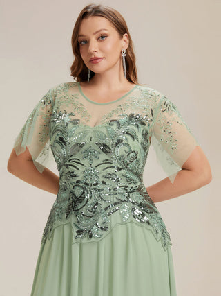 Short Sleeve Ruffle Sequin Round Neck A-Line Floor Length Evening Dresses