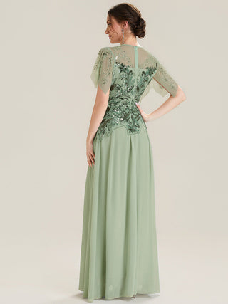 Short Sleeve Ruffle Sequin Round Neck A-Line Floor Length Evening Dresses