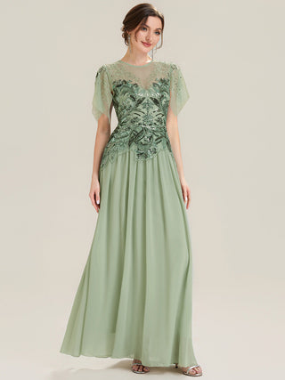 Short Sleeve Ruffle Sequin Round Neck A-Line Floor Length Evening Dresses