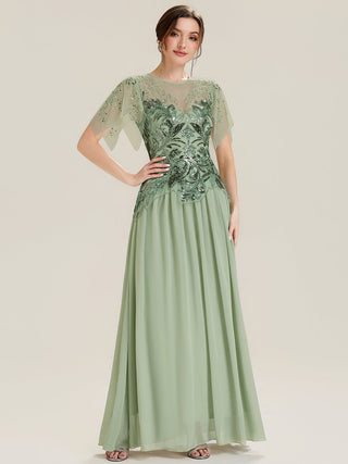 Short Sleeve Ruffle Sequin Round Neck A-Line Floor Length Evening Dresses