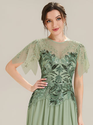 Short Sleeve Ruffle Sequin Round Neck A-Line Floor Length Evening Dresses
