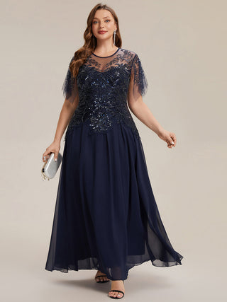Short Sleeve Ruffle Sequin Round Neck A-Line Floor Length Evening Dresses