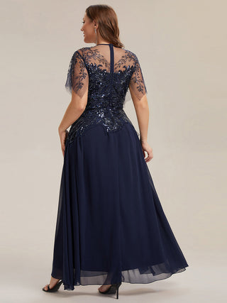 Short Sleeve Ruffle Sequin Round Neck A-Line Floor Length Evening Dresses