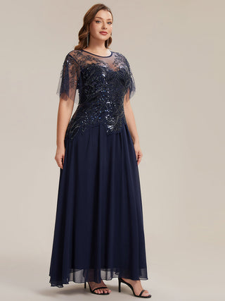 Short Sleeve Ruffle Sequin Round Neck A-Line Floor Length Evening Dresses