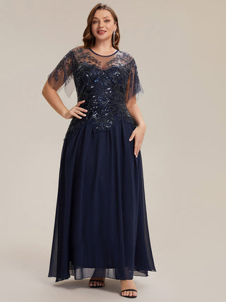 Short Sleeve Ruffle Sequin Round Neck A-Line Floor Length Evening Dresses