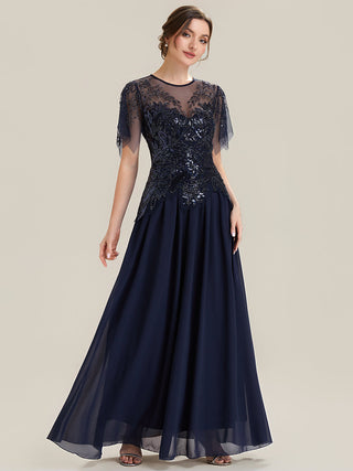 Short Sleeve Ruffle Sequin Round Neck A-Line Floor Length Evening Dresses