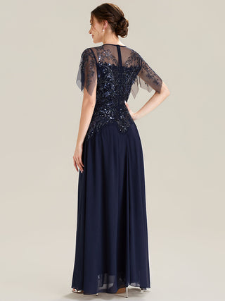 Short Sleeve Ruffle Sequin Round Neck A-Line Floor Length Evening Dresses