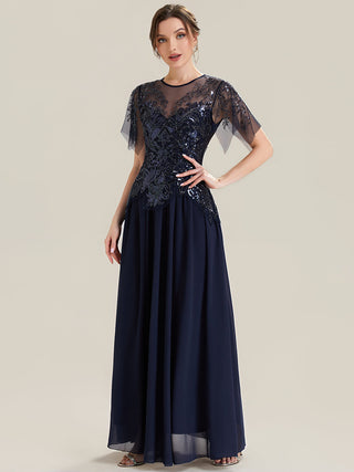 Short Sleeve Ruffle Sequin Round Neck A-Line Floor Length Evening Dresses