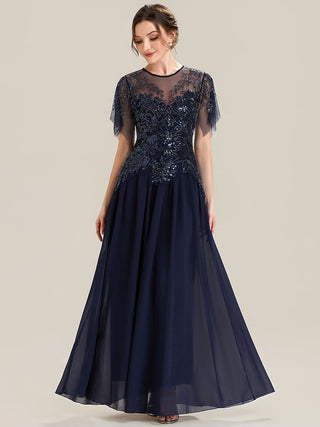 Short Sleeve Ruffle Sequin Round Neck A-Line Floor Length Evening Dresses