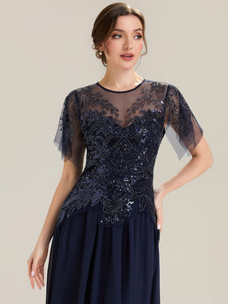 Short Sleeve Ruffle Sequin Round Neck A-Line Floor Length Evening Dresses