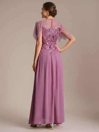 Short Sleeve Ruffle Sequin Round Neck A-Line Floor Length Evening Dresses