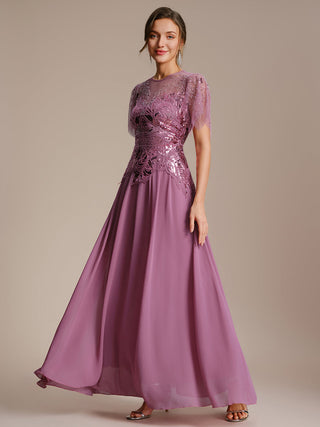 Short Sleeve Ruffle Sequin Round Neck A-Line Floor Length Evening Dresses