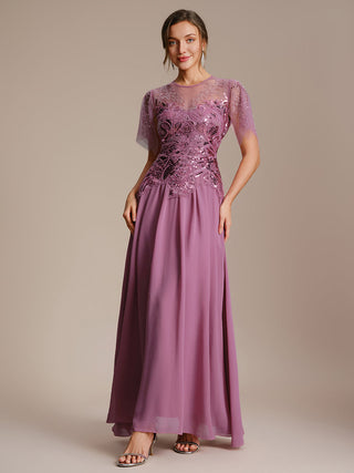 Short Sleeve Ruffle Sequin Round Neck A-Line Floor Length Evening Dresses