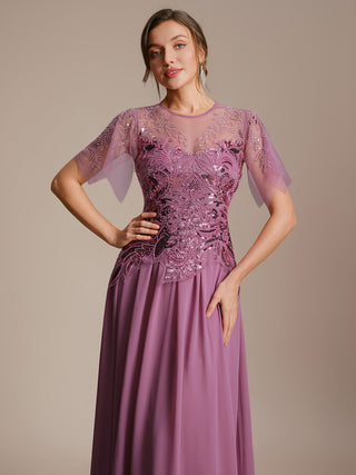Short Sleeve Ruffle Sequin Round Neck A-Line Floor Length Evening Dresses
