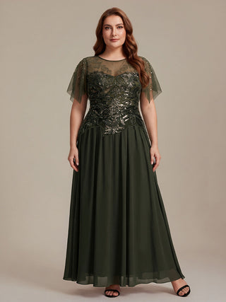 Short Sleeve Ruffle Sequin Round Neck A-Line Floor Length Evening Dresses
