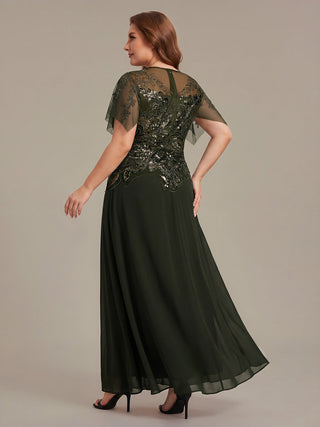 Short Sleeve Ruffle Sequin Round Neck A-Line Floor Length Evening Dresses