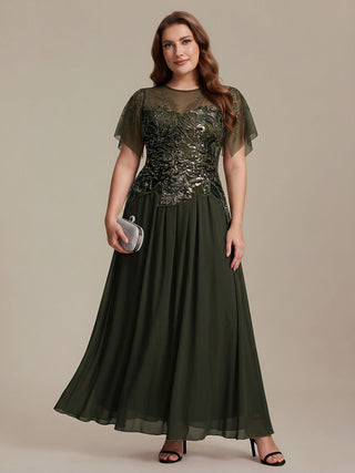 Short Sleeve Ruffle Sequin Round Neck A-Line Floor Length Evening Dresses