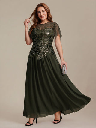Short Sleeve Ruffle Sequin Round Neck A-Line Floor Length Evening Dresses