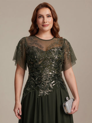 Short Sleeve Ruffle Sequin Round Neck A-Line Floor Length Evening Dresses