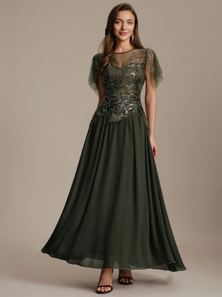 Short Sleeve Ruffle Sequin Round Neck A-Line Floor Length Evening Dresses