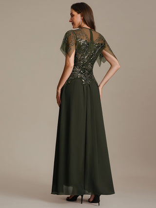 Short Sleeve Ruffle Sequin Round Neck A-Line Floor Length Evening Dresses
