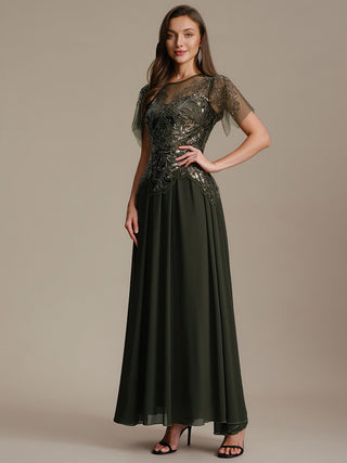 Short Sleeve Ruffle Sequin Round Neck A-Line Floor Length Evening Dresses