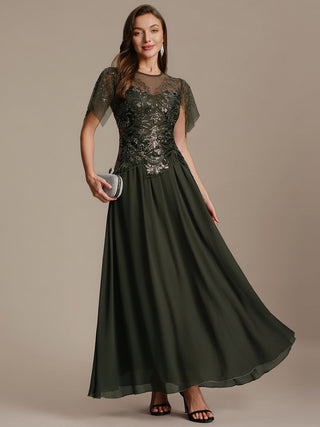 Short Sleeve Ruffle Sequin Round Neck A-Line Floor Length Evening Dresses