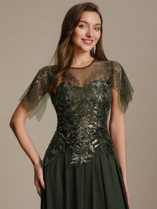 Short Sleeve Ruffle Sequin Round Neck A-Line Floor Length Evening Dresses