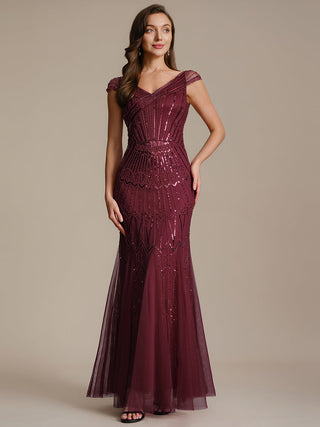 Short Sleeves Off Shoulder Fishtail Embroidered Evening Dresses