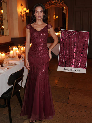 Short Sleeves Off Shoulder Fishtail Embroidered Evening Dresses