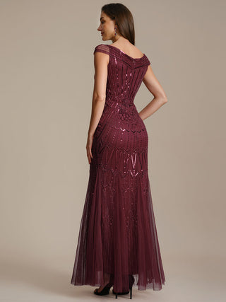 Short Sleeves Off Shoulder Fishtail Embroidered Evening Dresses