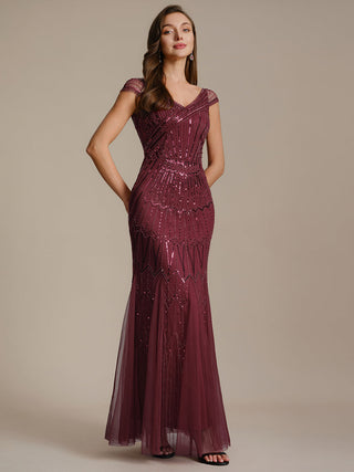 Short Sleeves Off Shoulder Fishtail Embroidered Evening Dresses