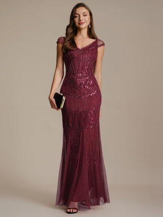 Short Sleeves Off Shoulder Fishtail Embroidered Evening Dresses