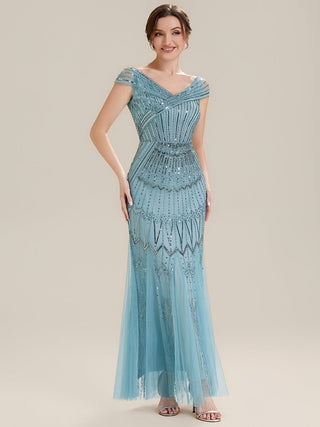 Short Sleeves Off Shoulder Fishtail Embroidered Evening Dresses