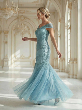 Short Sleeves Off Shoulder Fishtail Embroidered Evening Dresses