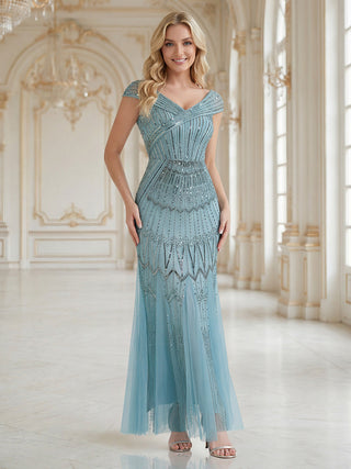 Short Sleeves Off Shoulder Fishtail Embroidered Evening Dresses