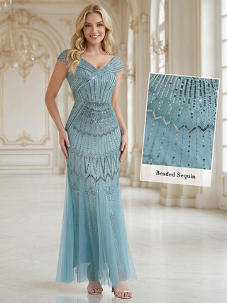 Short Sleeves Off Shoulder Fishtail Embroidered Evening Dresses