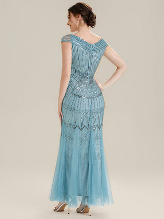 Short Sleeves Off Shoulder Fishtail Embroidered Evening Dresses