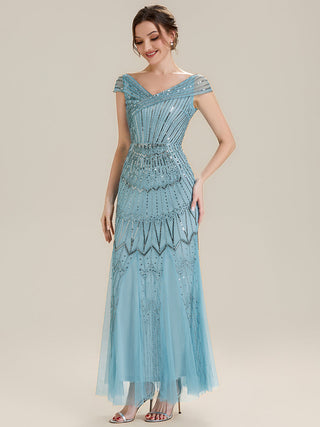 Short Sleeves Off Shoulder Fishtail Embroidered Evening Dresses