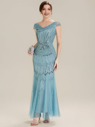Short Sleeves Off Shoulder Fishtail Embroidered Evening Dresses