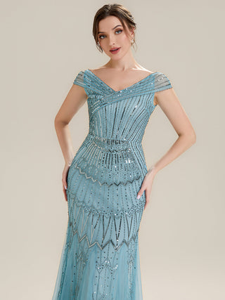 Short Sleeves Off Shoulder Fishtail Embroidered Evening Dresses