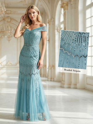 Short Sleeves Off Shoulder Fishtail Embroidered Evening Dresses