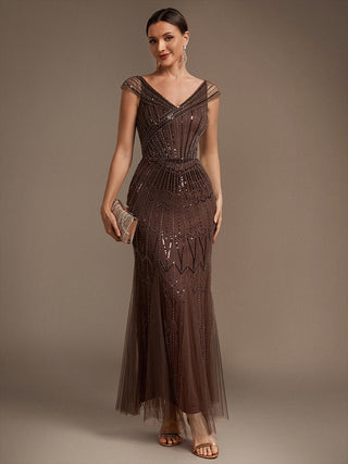 Short Sleeves Off Shoulder Fishtail Embroidered Evening Dresses
