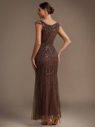 Short Sleeves Off Shoulder Fishtail Embroidered Evening Dresses