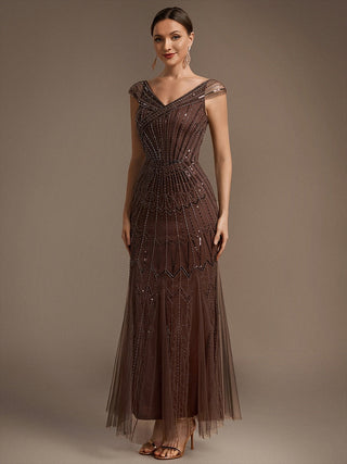 Short Sleeves Off Shoulder Fishtail Embroidered Evening Dresses