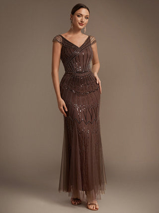 Short Sleeves Off Shoulder Fishtail Embroidered Evening Dresses