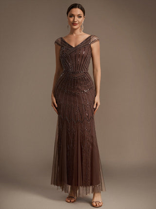 Short Sleeves Off Shoulder Fishtail Embroidered Evening Dresses